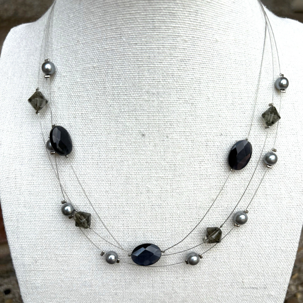 Lia Sophia Necklace Gray Faux‎ Pearl Silver Tone Wire Beaded Floating w/ Box 15"
